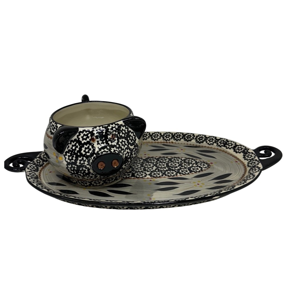 Temp-tations Soup Bowl & Tray Set Black Old World Pig Figural Ceramic 18oz